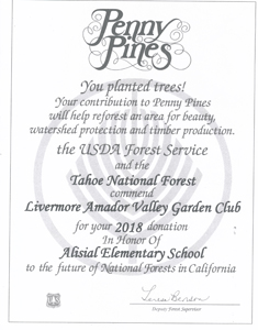 Penny Pines certificate for Alisal School